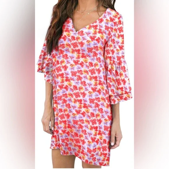 NWT Women's Summer V-neck boho bell sleeve Dress - Picture 2 of 7